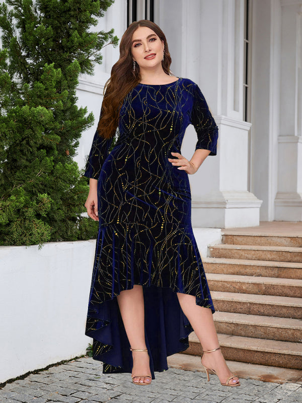 Three-quarter sleeve mermaid high-low hem maxi velvet dress