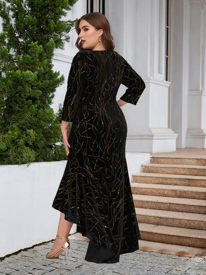 Three-quarter sleeve mermaid high-low hem maxi velvet dress