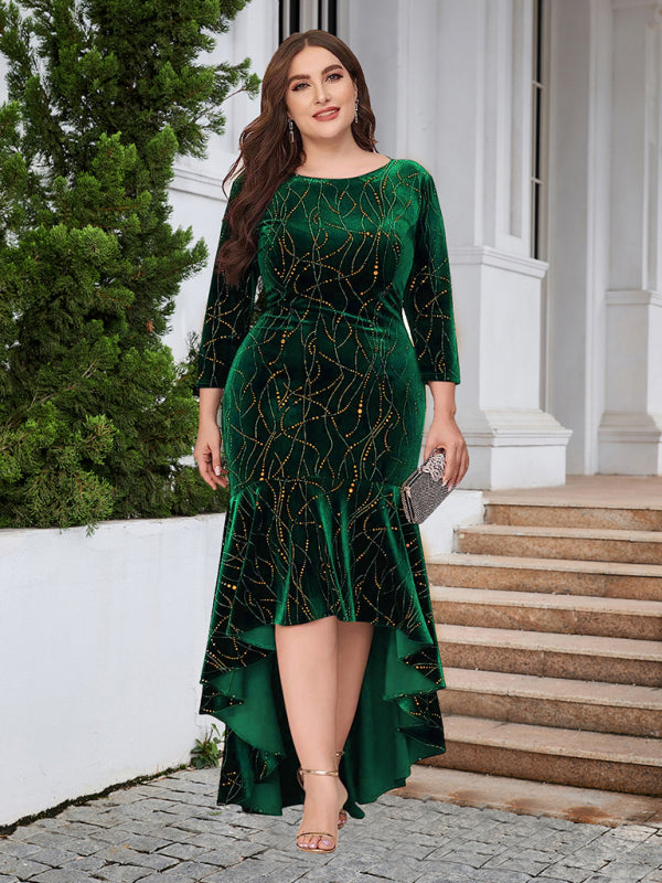 Three-quarter sleeve mermaid high-low hem maxi velvet dress