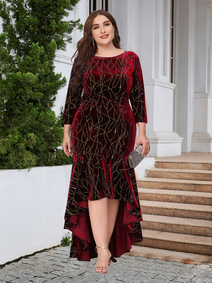 Three-quarter sleeve mermaid high-low hem maxi velvet dress