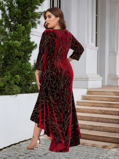 Three-quarter sleeve mermaid high-low hem maxi velvet dress