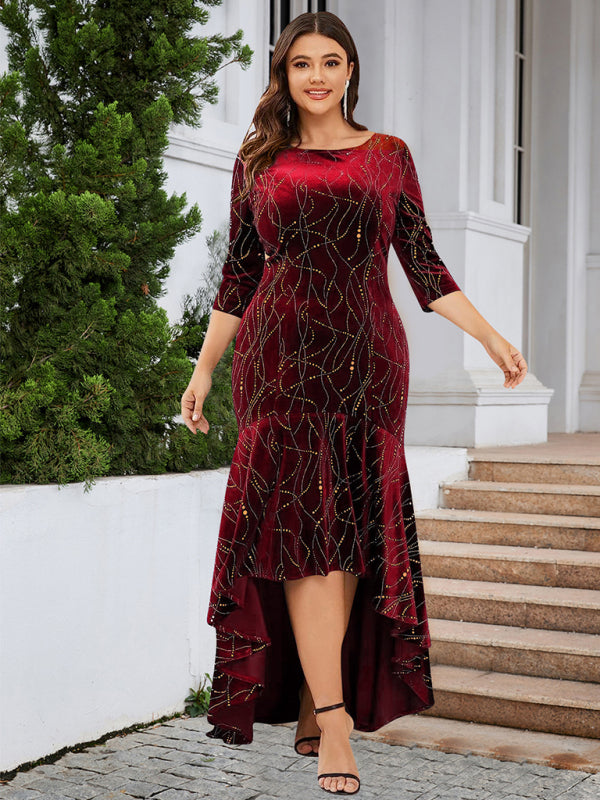 Three-quarter sleeve mermaid high-low hem maxi velvet dress