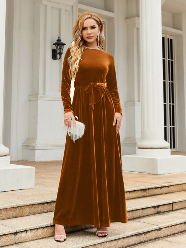 Women's round neck belted gold velvet dress