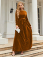 Women's round neck belted gold velvet dress