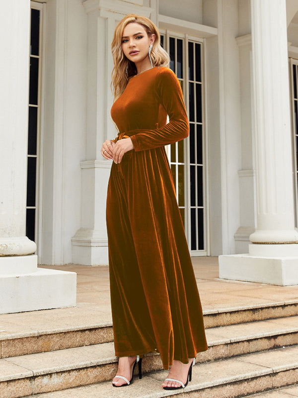 Women's round neck belted gold velvet dress