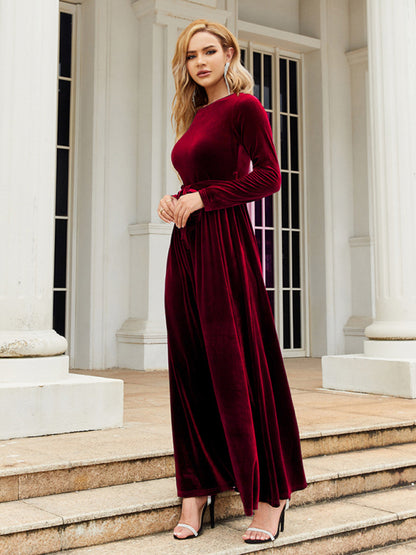 Women's round neck belted gold velvet dress