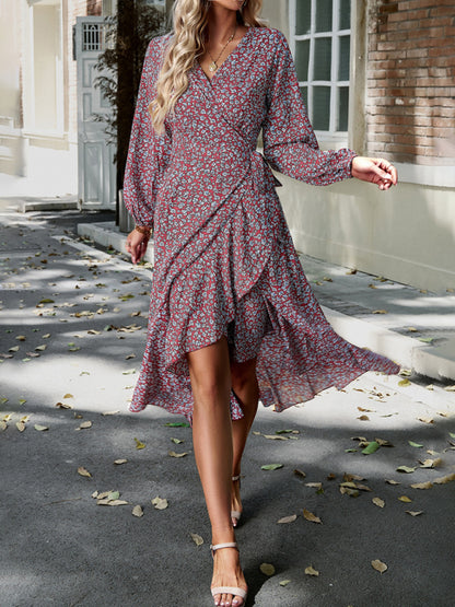 Floral wrap casual resort style strappy full skirt dress