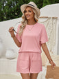 Loose round neck solid color short sleeve top and shorts suit