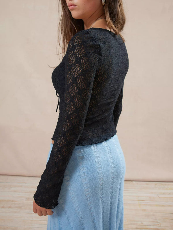 Sexy slim fit lace drawstring long sleeve bottoming shirt