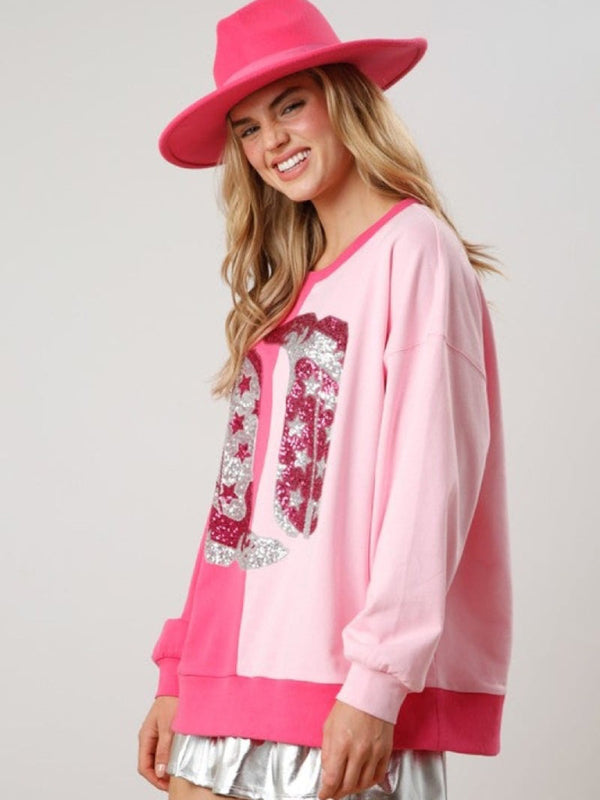 Women's sequined boots color-blocked long-sleeved sweatshirt