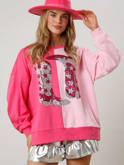 Women's sequined boots color-blocked long-sleeved sweatshirt