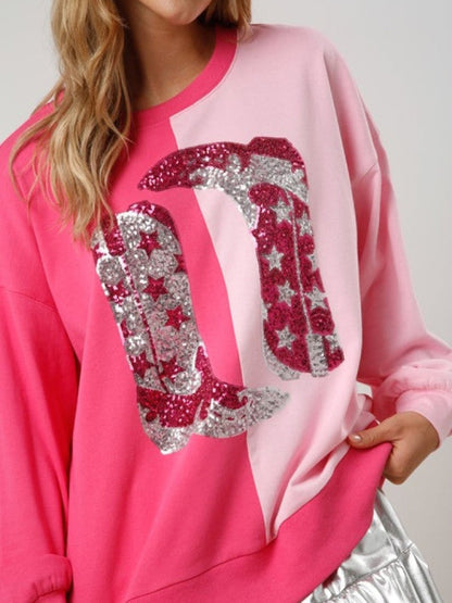 Women's sequined boots color-blocked long-sleeved sweatshirt