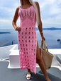 Women's new style knitted hollow solid color slim sexy V-neck slit dress