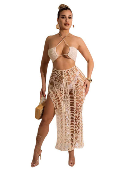 Women's long fringed stretch side slit suspender beach skirt