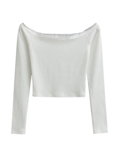 Women's bateau neck lace patchwork long-sleeved T-shirt