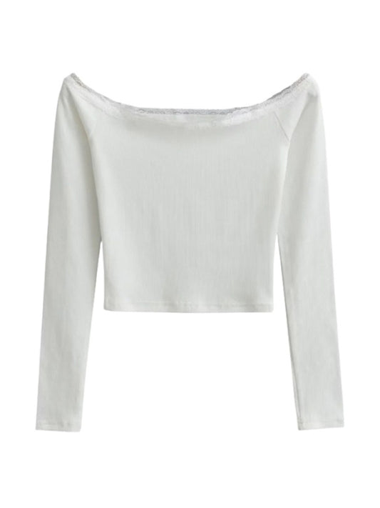 Women's bateau neck lace patchwork long-sleeved T-shirt