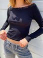 Women's boat neck sexy lace patchwork long-sleeved sweater top