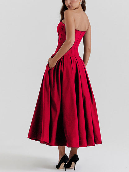 Women's sexy solid color pleated umbrella skirt dress