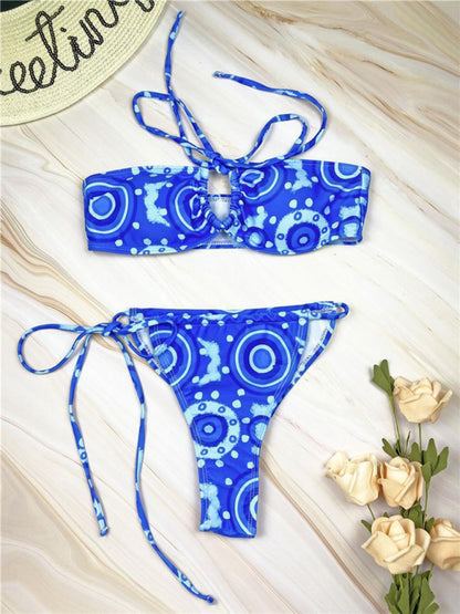 Feminine printed bandeau strappy beach bikini