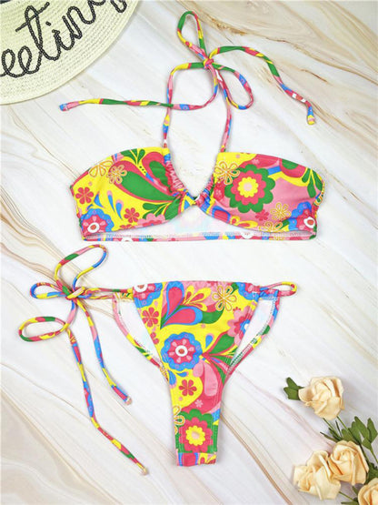Feminine printed bandeau strappy beach bikini