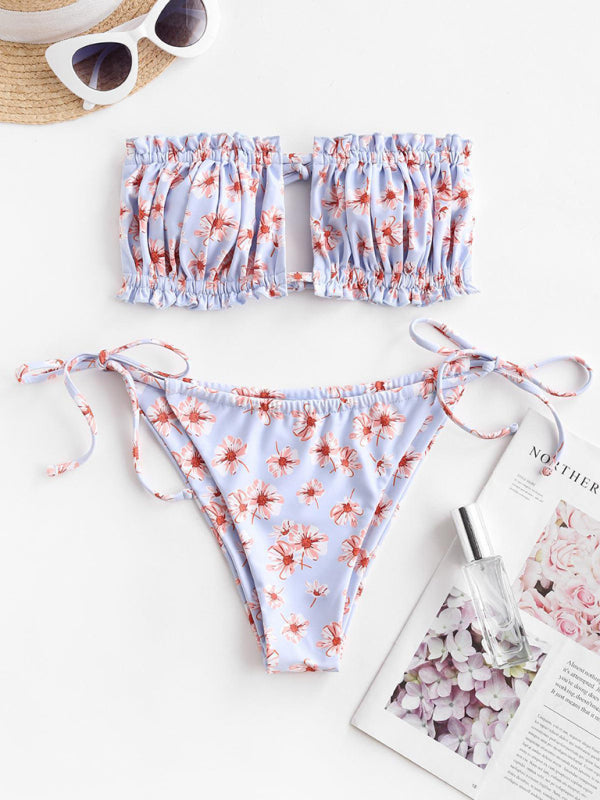 New women's swimsuit sexy pleated hollow print bikini