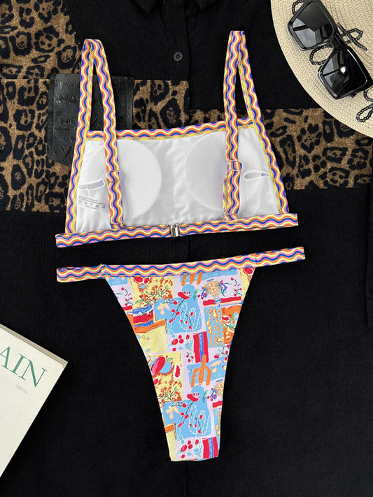 Women's one-piece swimsuit bandeau style colorful ethnic print sexy bikini