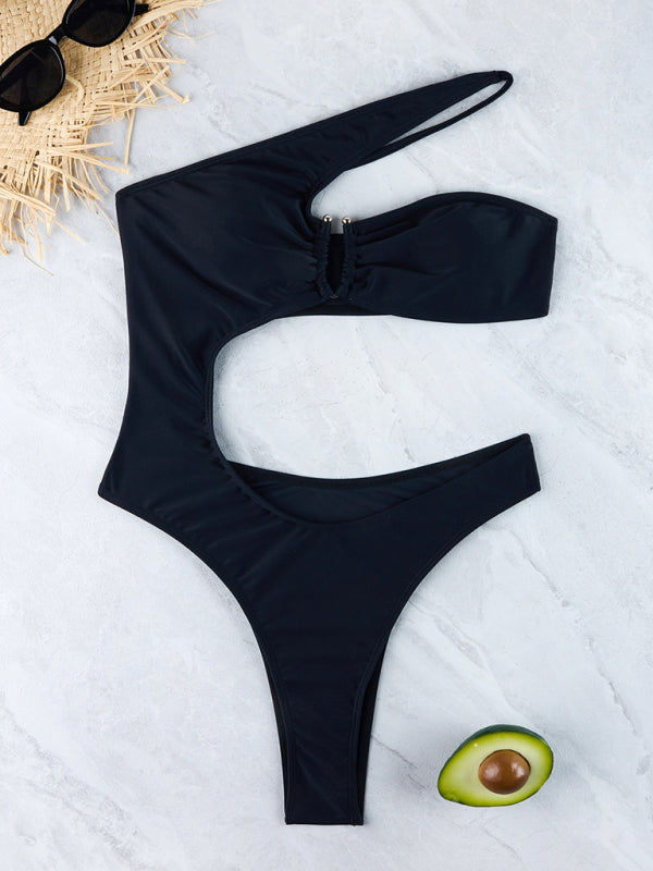 Women's fashionable solid color one-shoulder sexy one-piece swimsuit