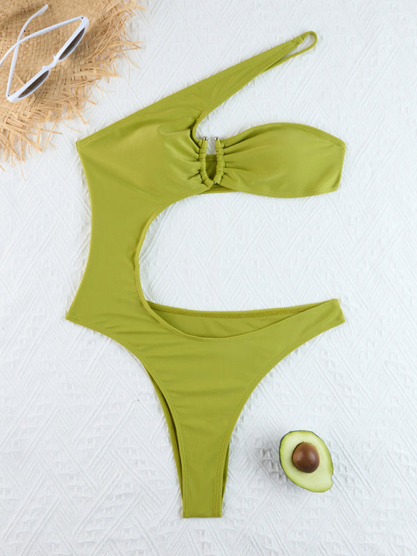 Women's fashionable solid color one-shoulder sexy one-piece swimsuit