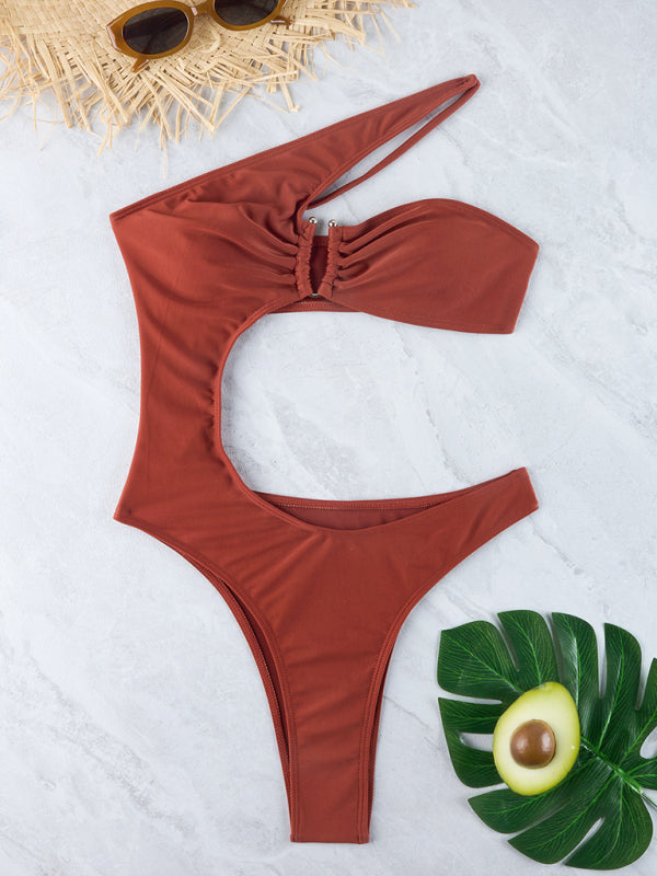 Women's fashionable solid color one-shoulder sexy one-piece swimsuit