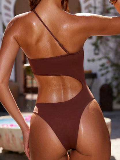 Women's fashionable solid color one-shoulder sexy one-piece swimsuit