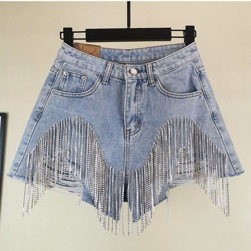 Diamond Tassels Denim High Waist Shorts