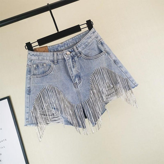 Diamond Tassels Denim High Waist Shorts