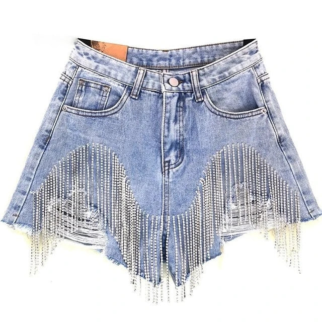 Diamond Tassels Denim High Waist Shorts