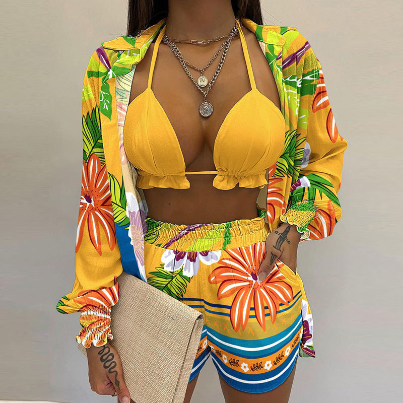 Women's Solid Color Long Sleeve Shirt And A Triangle Bikini And Shorts Three-Piece Set