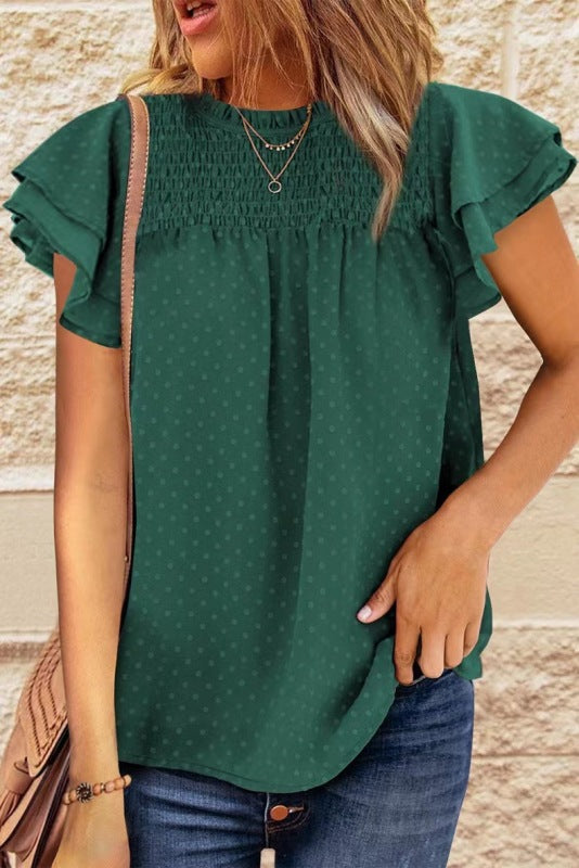 Women's Polka Jacquard Chiffon Loose Round Neck Head Short Sleeve Shirt