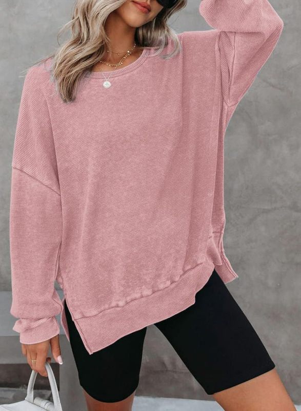 Women's round neck long sleeve side slit waffle knit top