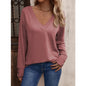 Women's V-neck loose long-sleeved T-shirt button top