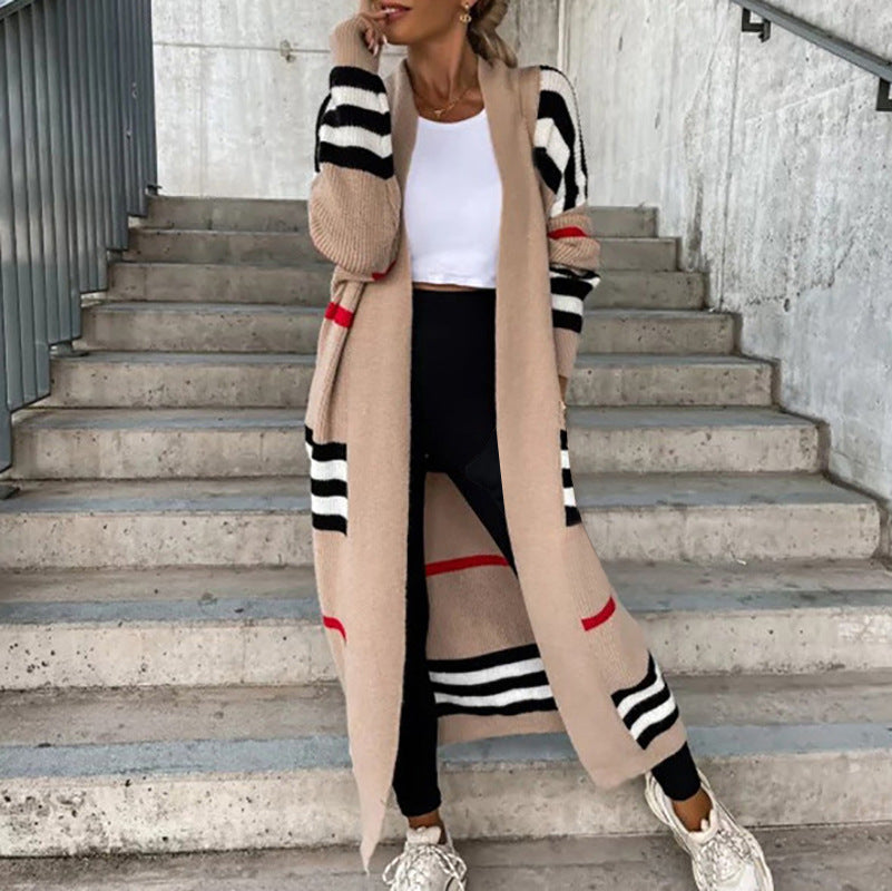 Women's long color block striped cardigan